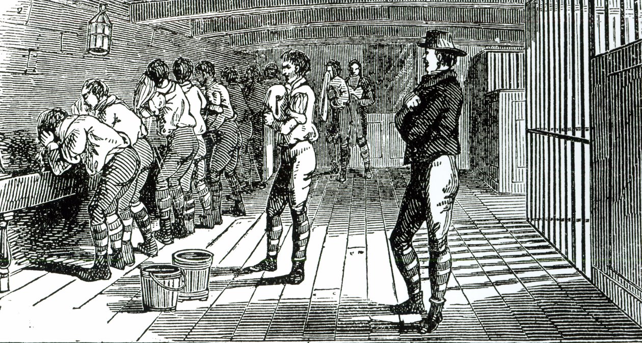 La salle de lavage sous les ponts - syndicalistes condamnés transportés en Australie, illustré dans Les Martyrs de Tolpuddle, publié par le Congrès des syndicats, 1834 - English School