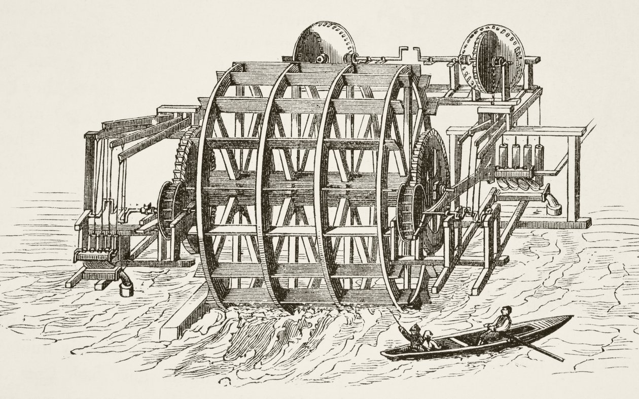 Les travaux hydrauliques du London Bridge, érigés pour la première fois en 1582, tirés de The National and Domestic History of England par William Hickman Smith Aubrey, publié à Londres vers 1890 - English School