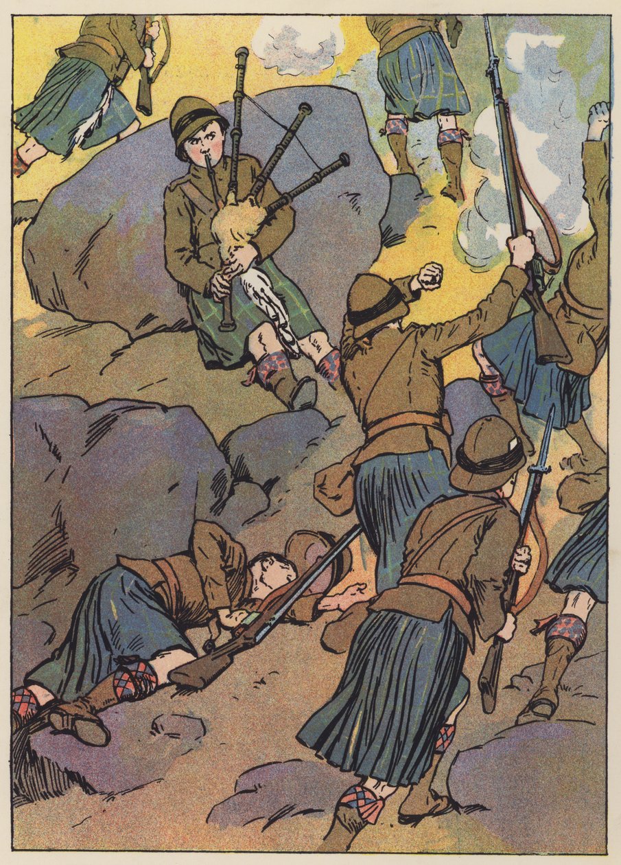 Le joueur de cornemuse blessé mène les troupes à la victoire (lithographie couleur) - English School