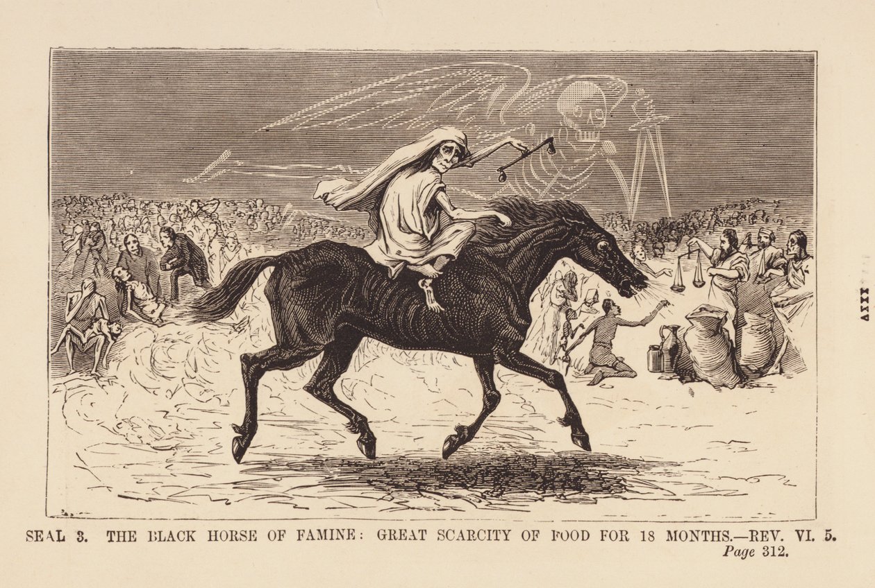 Troisième sceau, cheval noir de la famine (gravure) - English School