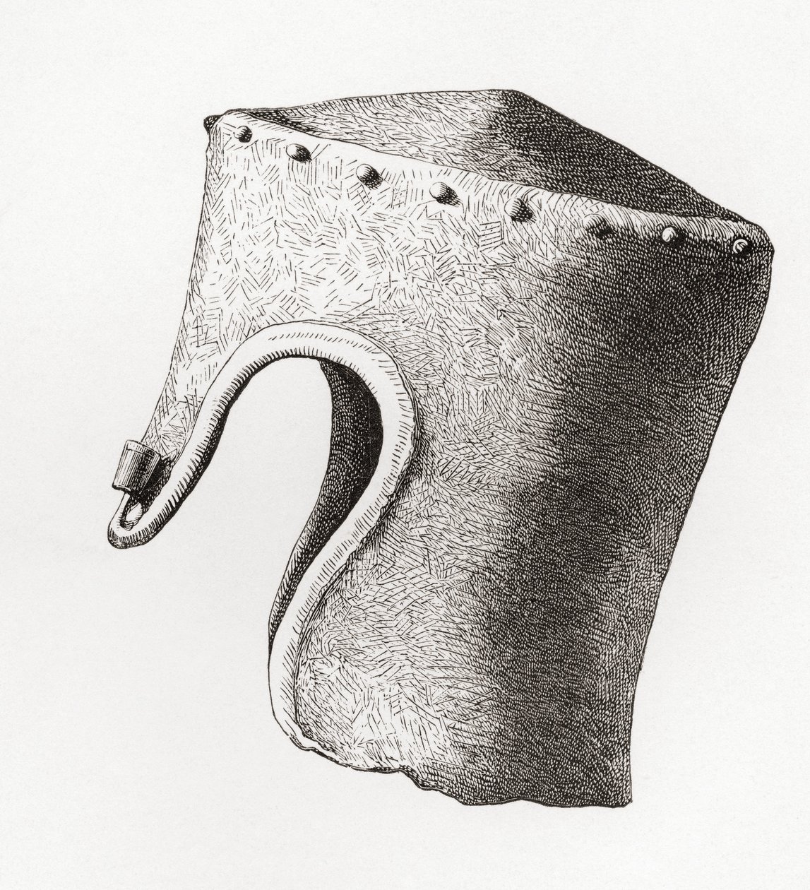 Casque cylindrique à sommet plat du XIIIe siècle avec nasal, déterré au château de Montgomery en 1841, tiré de L