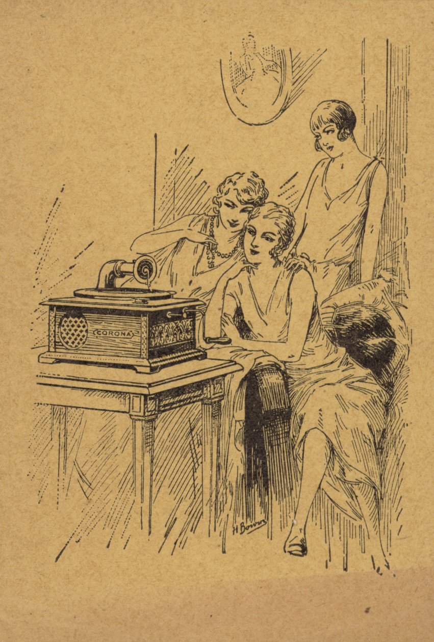 Trois jeunes femmes écoutant un tourne-disque (gravure) - English School
