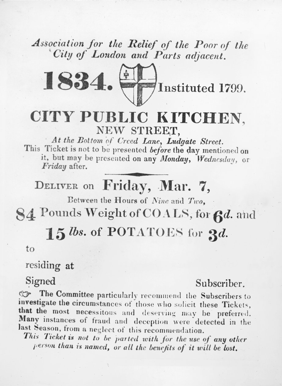 Billet délivré aux pauvres pour recevoir du charbon et des pommes de terre de la Cuisine publique de la ville, New Street, Londres, 1834 - English School