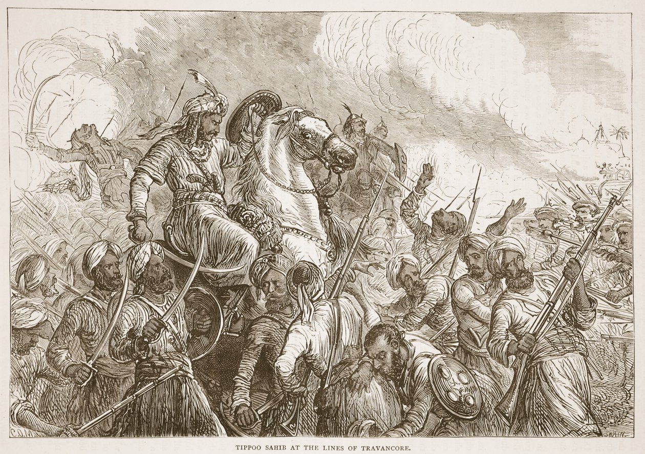 Tippoo Sahib aux lignes de Travancore, illustration de Cassell