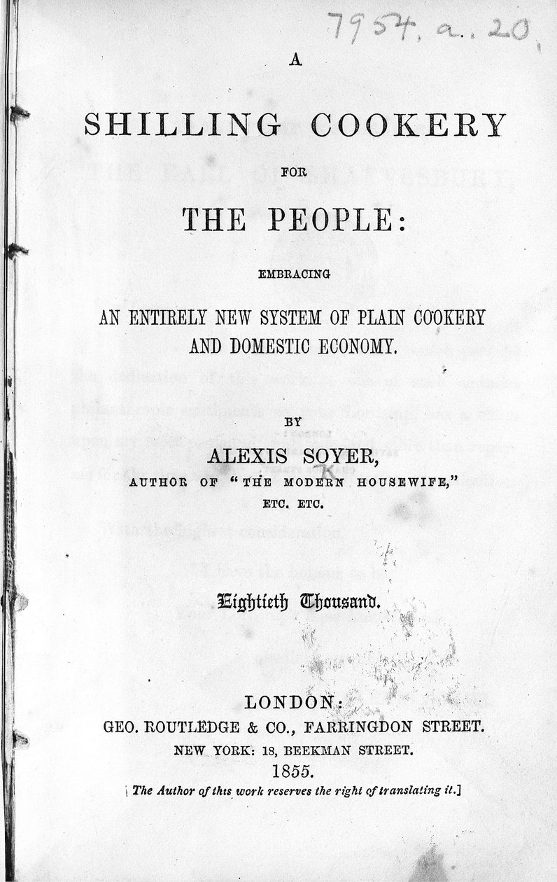 Page de titre de A Shilling Cookery for The People par Alexis Soyer, publié en 1855 - English School