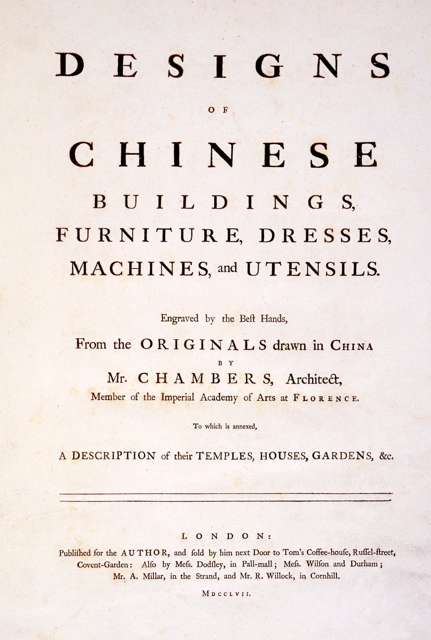 Page de titre des Designs of Chinese Buildings, Furniture, Dresses, Machines & Utensils, 1757 (gravure) - English School