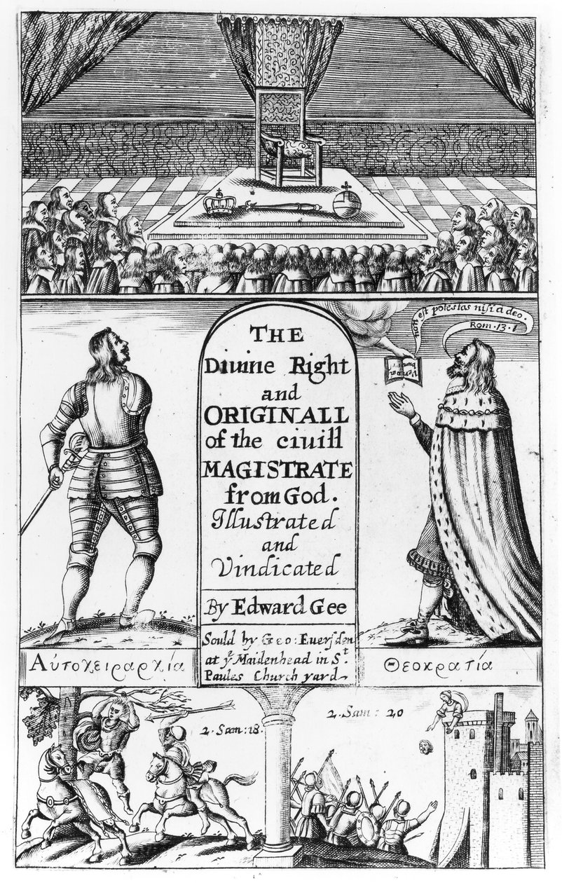 Page de titre de The Divine Right and Original of the Civil Magistrate from God, gravé par Edward Gee, 1658 - English School