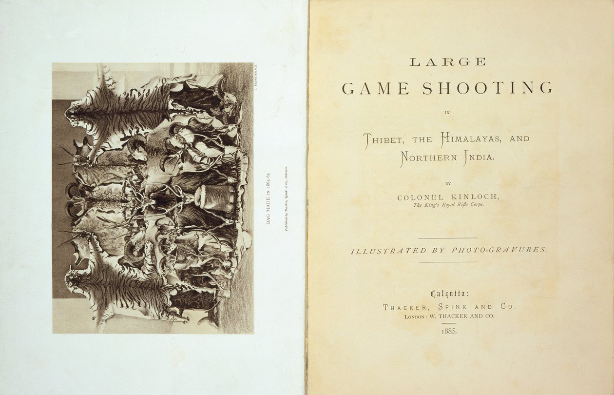 Page de titre et frontispice de Large Game Shooting in Tibet, the Himalayas and Northern India par Colonel Alexander Kinloch, publié en 1885 - English School