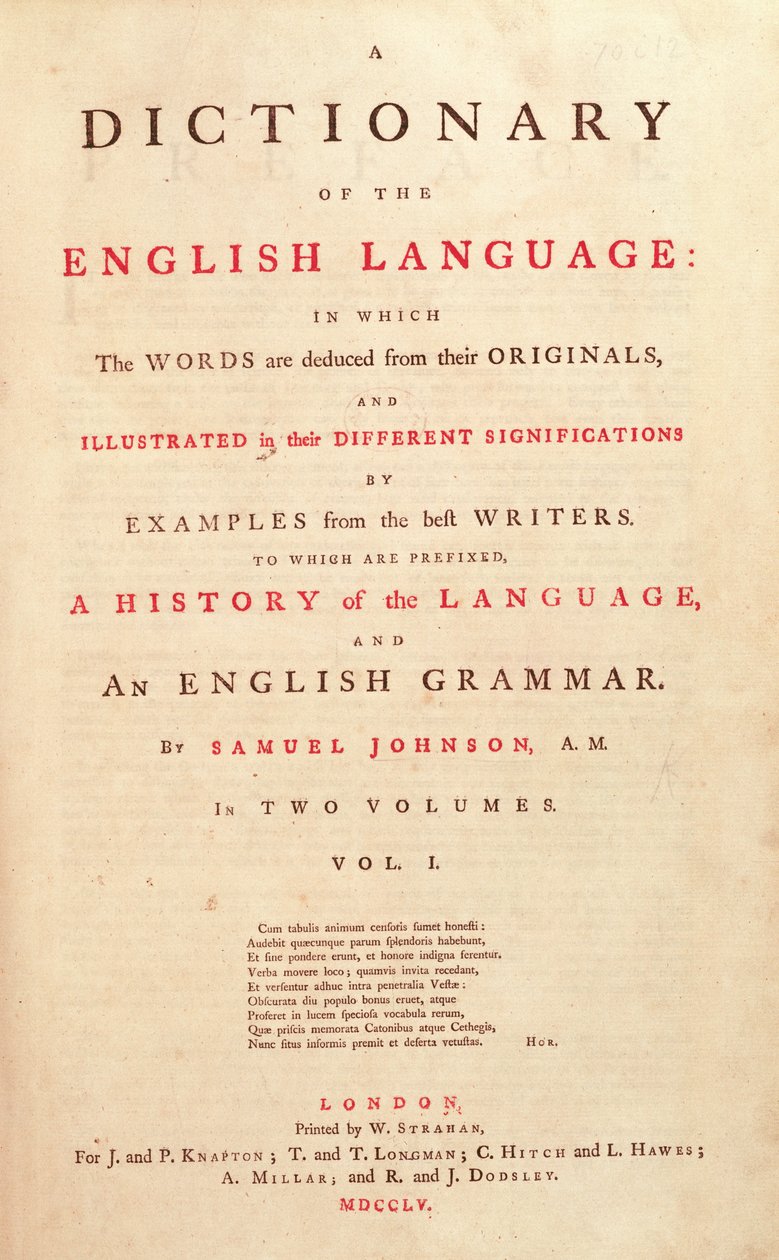Page de titre du Dictionnaire de la langue humaine de Johnson, Londres, 1755 - English School