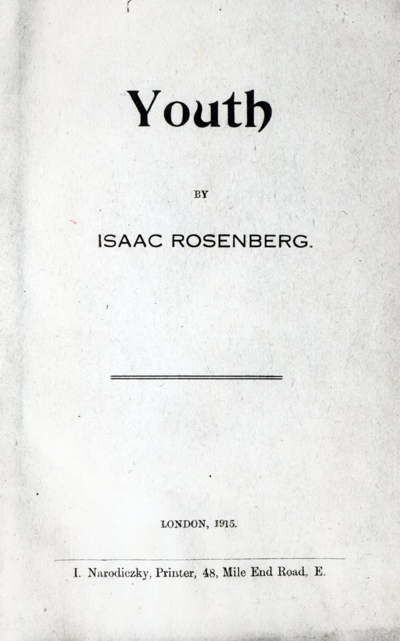Page de titre de Youth, une collection de poèmes par Isaac Rosenberg, première édition 1915 - English School