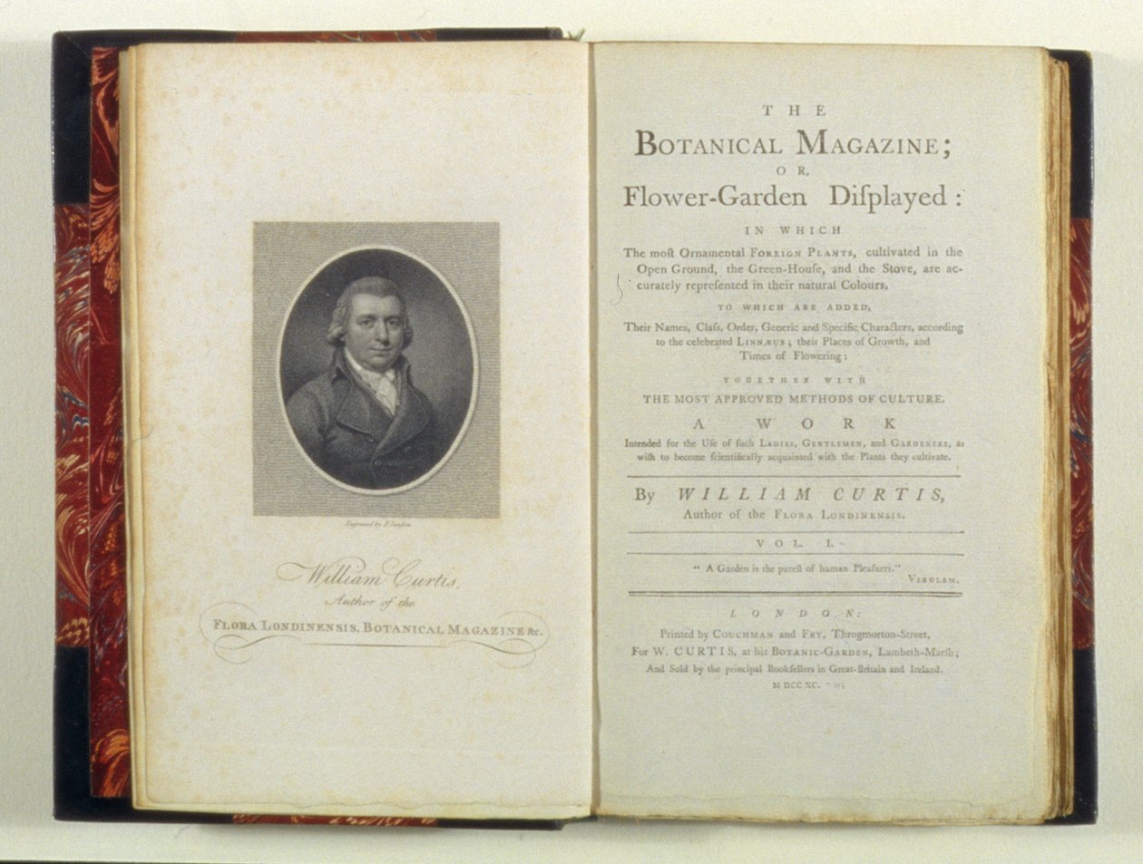 Page de titre avec portrait de William Curtis (1749-99), de The Botanical Magazine or Flower-Garden Displayed, par William Curtis, publié en 1790 - English School