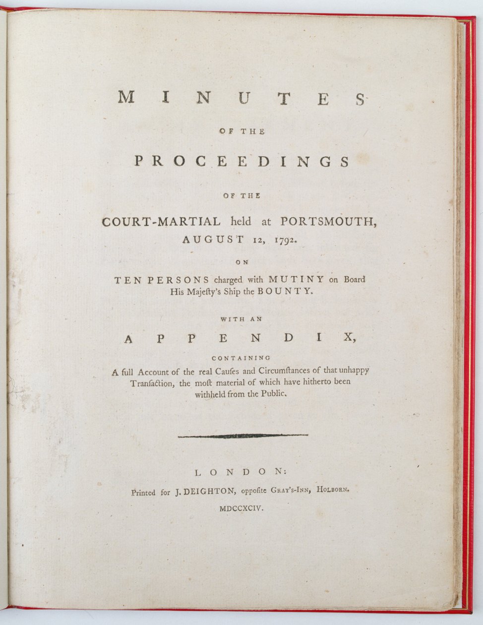 Page de titre des Minutes des procédures de la cour martiale tenue à Portsmouth, le 12 août 1792, publiée à Londres, 1794 - English School