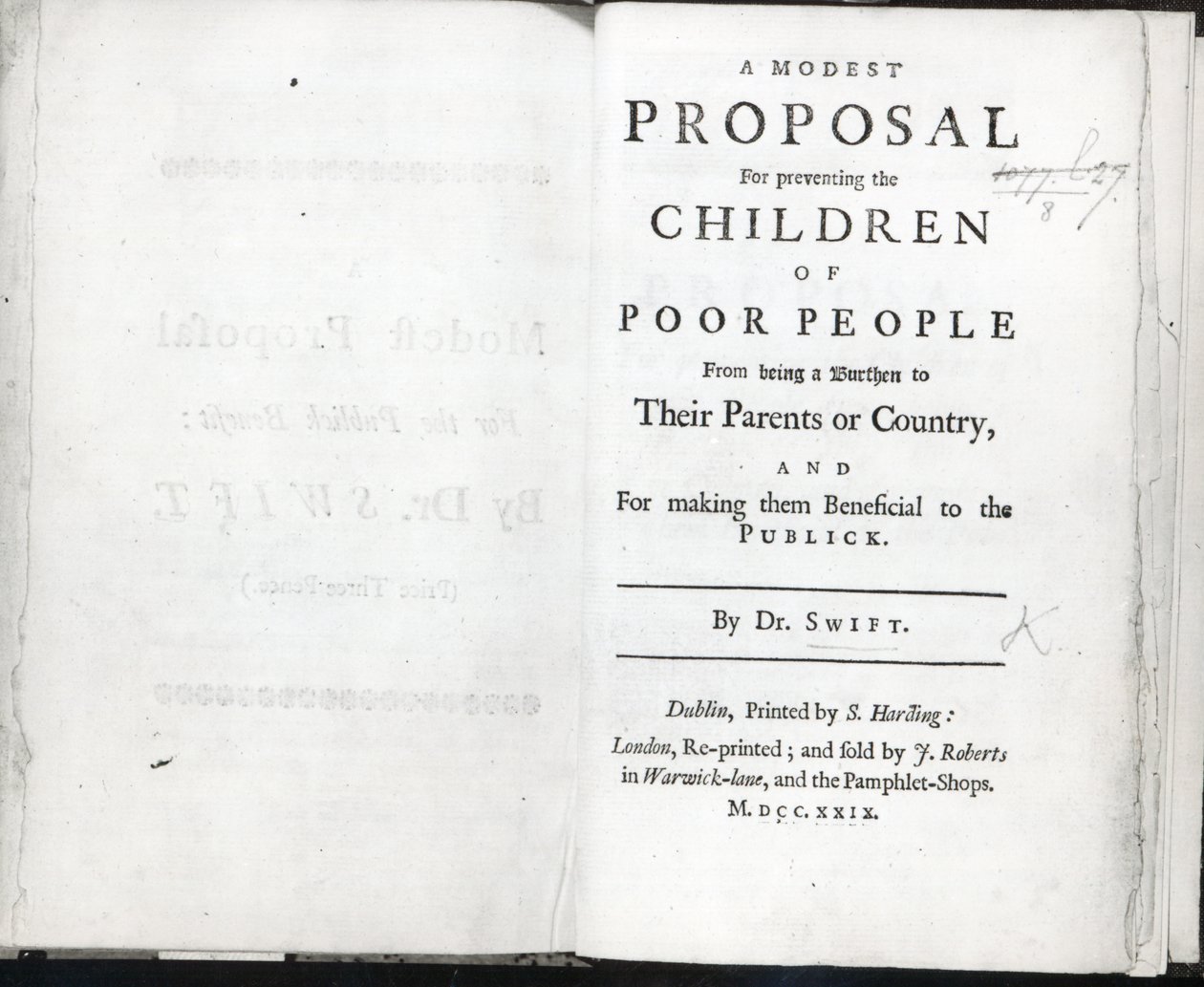 Page de titre de A Modest Proposal de Jonathan Swift, publiée en 1729 - English School