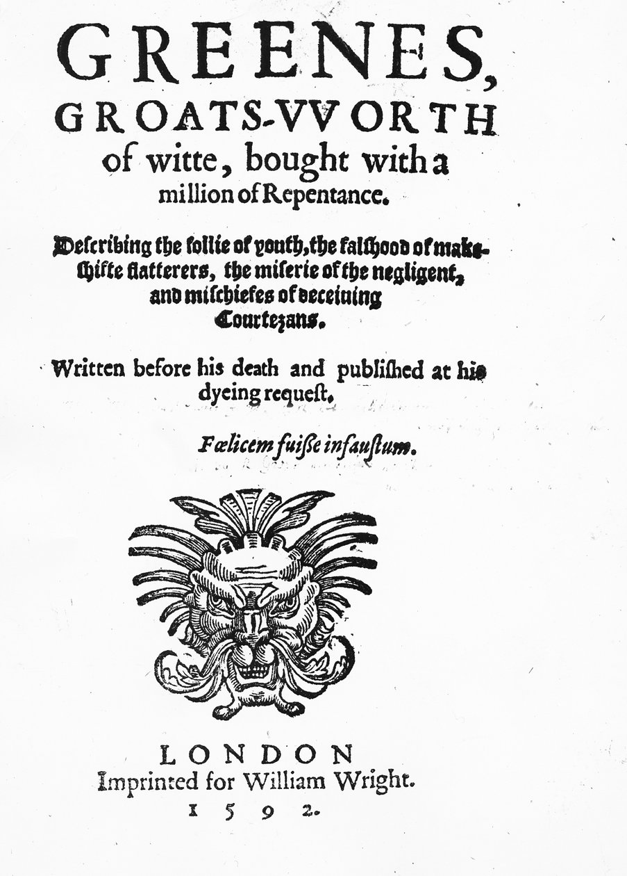 Page de titre de Greenes Groats-Worth of Wit, attribué à Robert Greene, publié en 1592 - English School