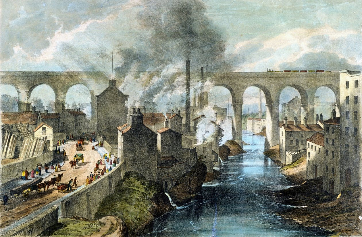 Train traversant le viaduc de Stockport sur la London  North Western Railway, vers 1845 (lithographie couleur) - English School