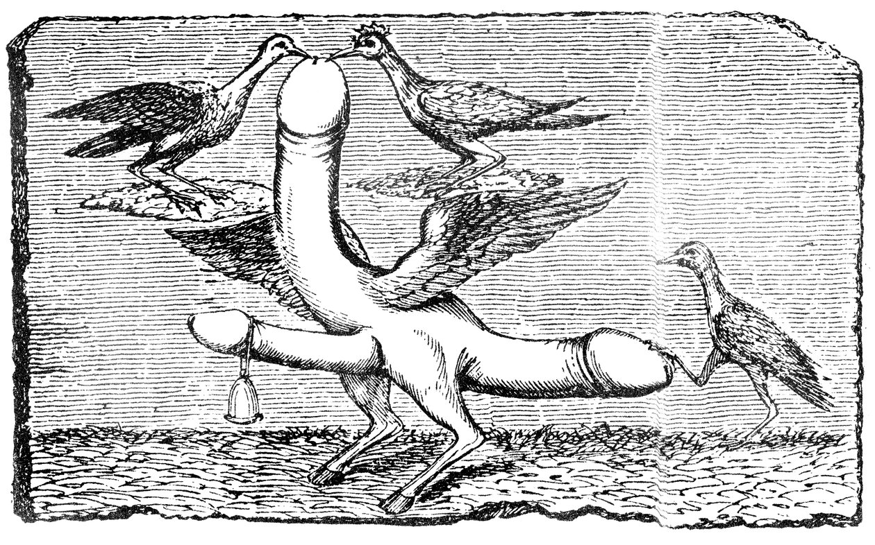 Triple phallus avec des ailes, des jambes et des pieds de chèvre, une cloche, des ailes, deux oiseaux picorant le plus grand pénis et un autre oiseau tenant la queue avec son pied - English School