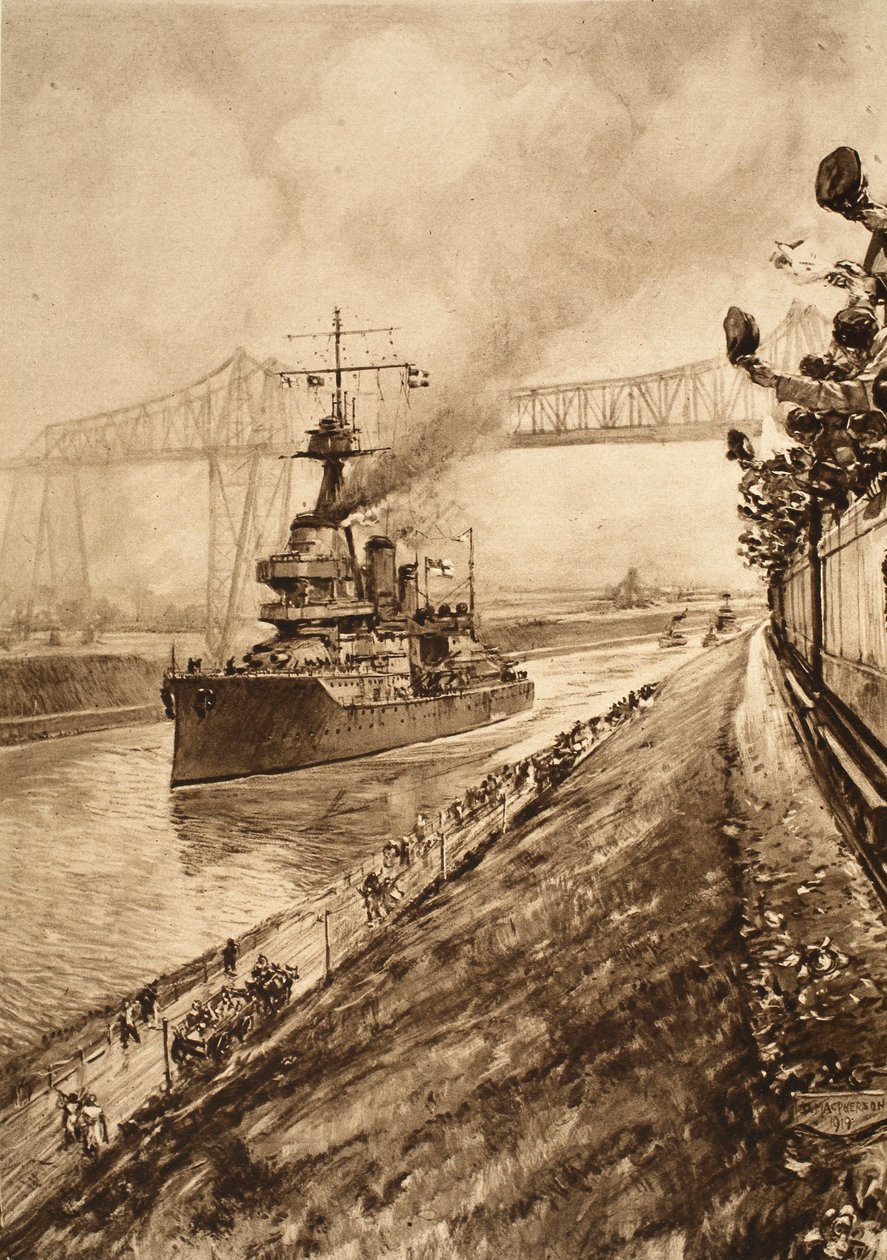 Preuve triomphale de la suprématie navale britannique : H.M.S Hercules passant par le canal de Kiel, 1914-19 - English School
