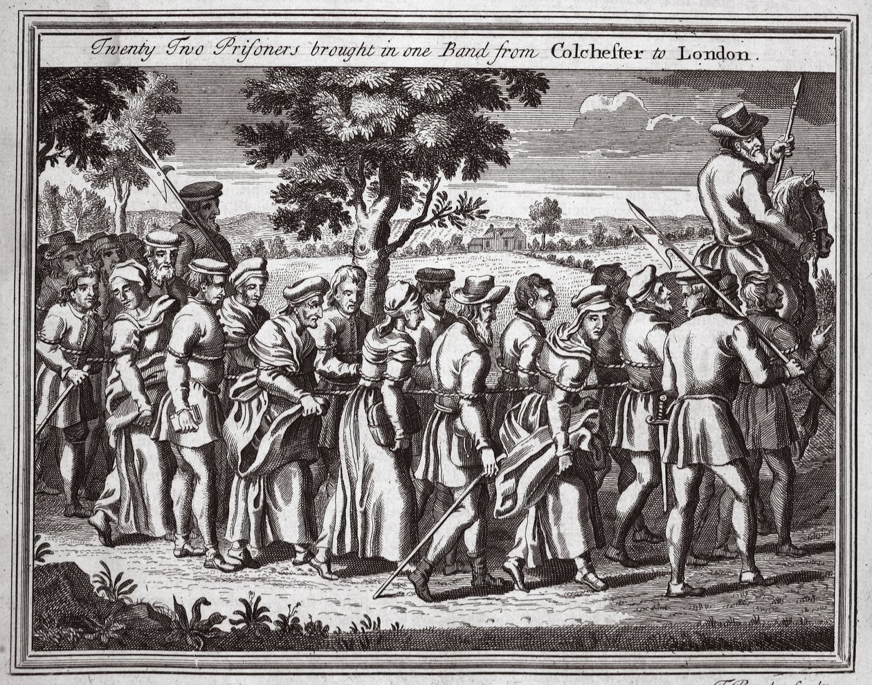 Vingt-deux prisonniers amenés en une seule bande de Colchester à Londres, illustration des Martyrs de Foxe vers 1703 - English School