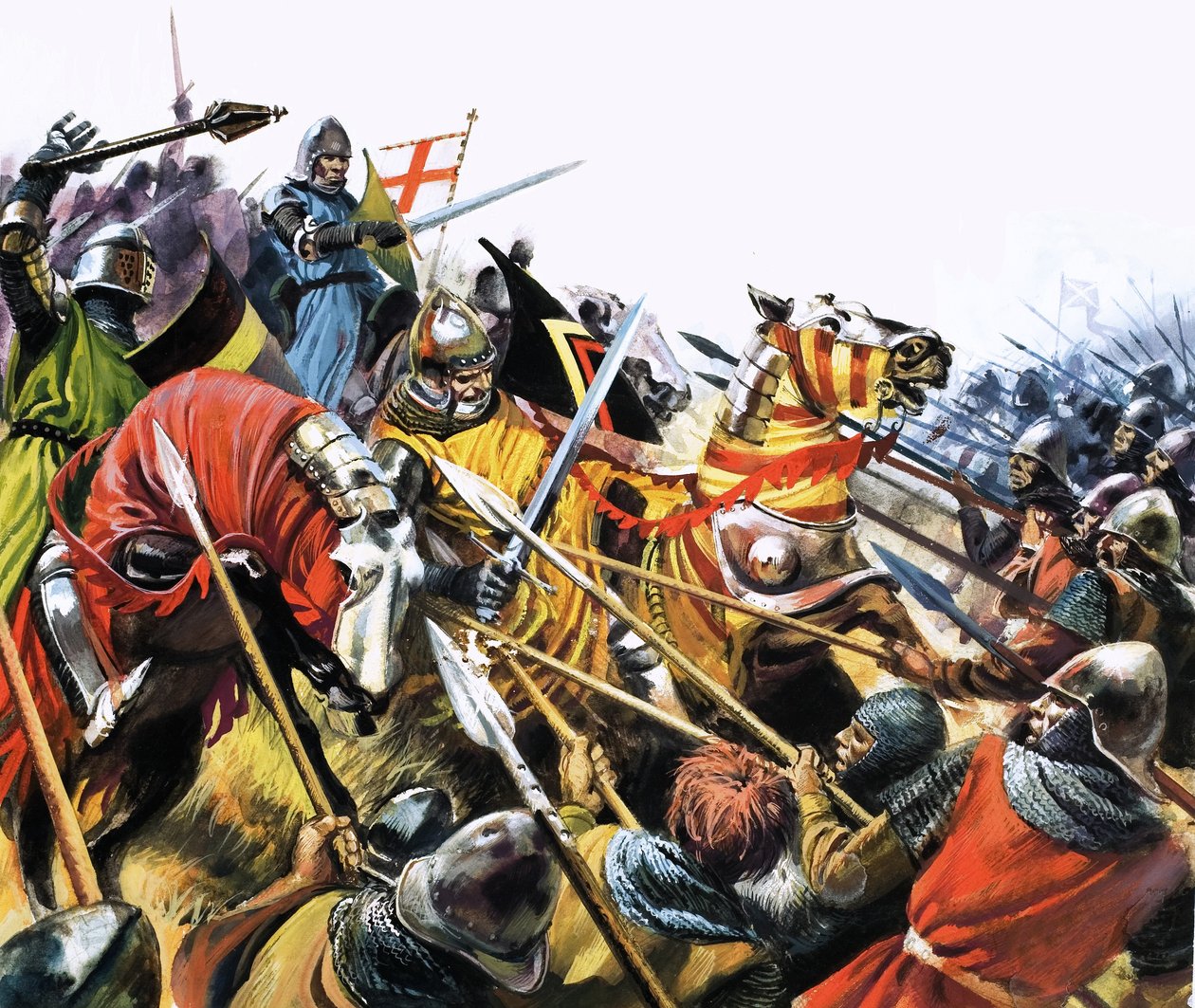 Scène de bataille non identifiée avec des chevaux de cavalerie blindés utilisés contre un ennemi armé de lances - English School
