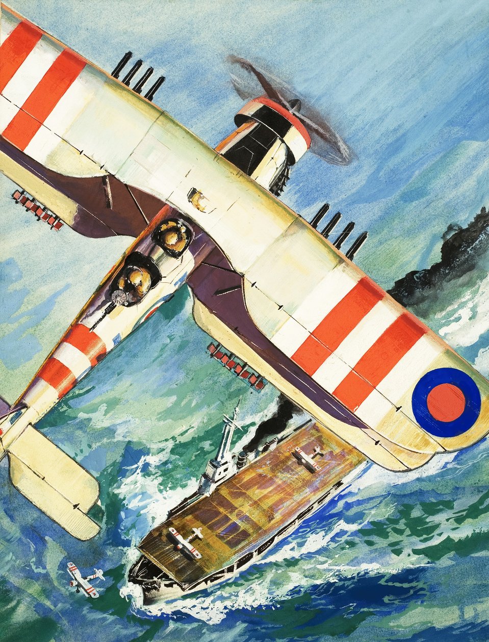 Biplan non identifié survolant un porte-avions - English School