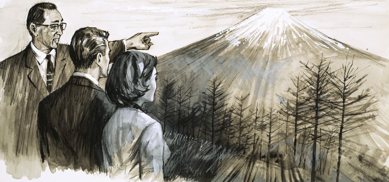 Homme non identifié pointant le Mont Fuji au Japon - English School