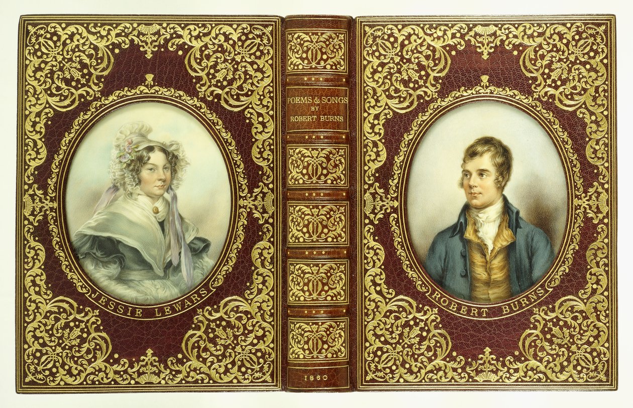 Couvertures supérieure et inférieure, et dos, avec portraits ovales de Robert Burns et Jessie Lewars - English School
