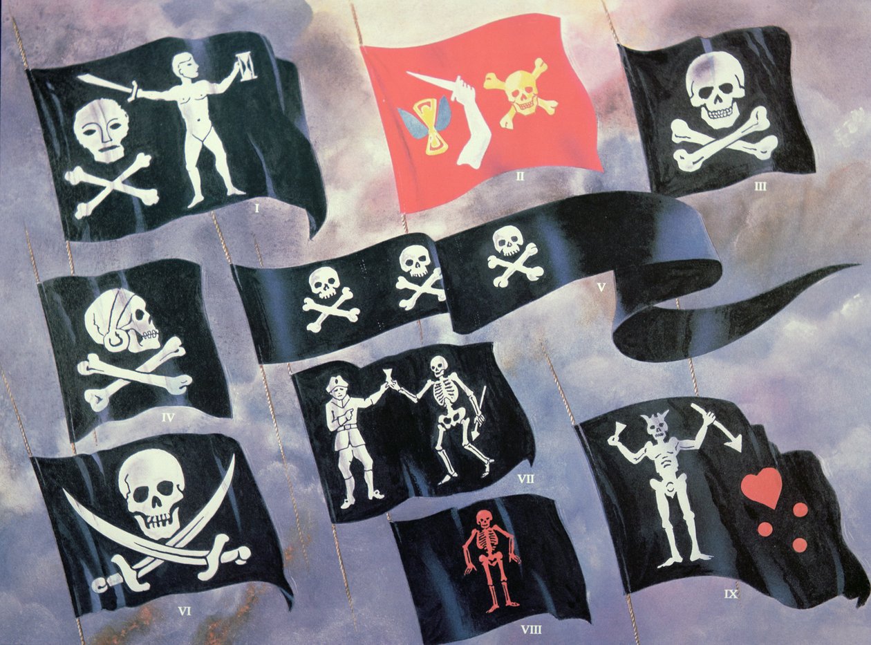 Divers drapeaux utilisés par des pirates célèbres - English School