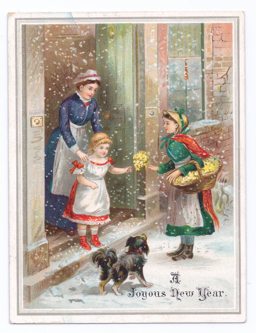 Carte de Nouvel An victorienne avec une servante tenant une petite fille alors qu