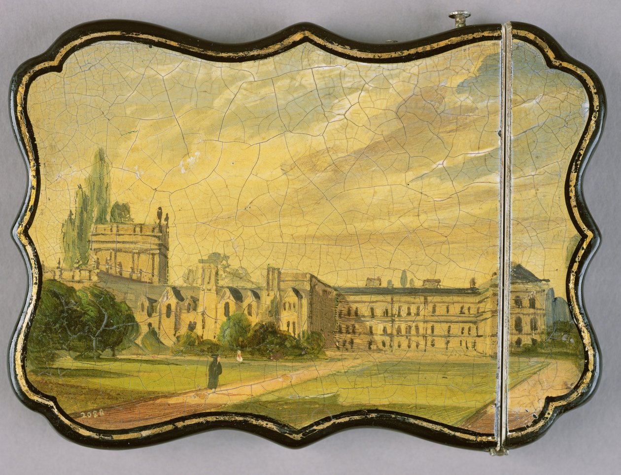 Étui à cartes victorien, avec une scène des jardins du Trinity College, Oxford - English School
