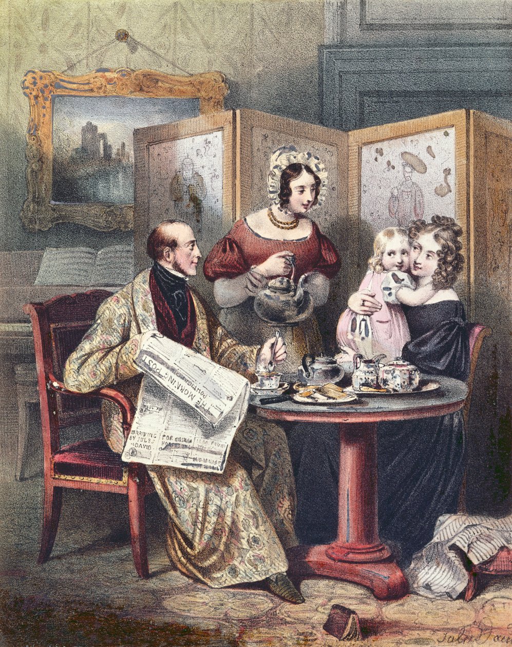 Famille victorienne au petit déjeuner, vers 1840 - English School