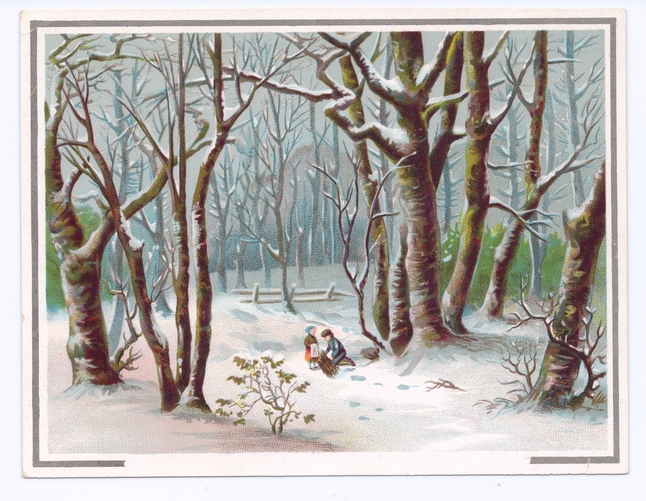 Carte de vœux victorienne avec deux enfants ramassant des branches dans la neige, vers 1880 (lithographie en couleur) - English School