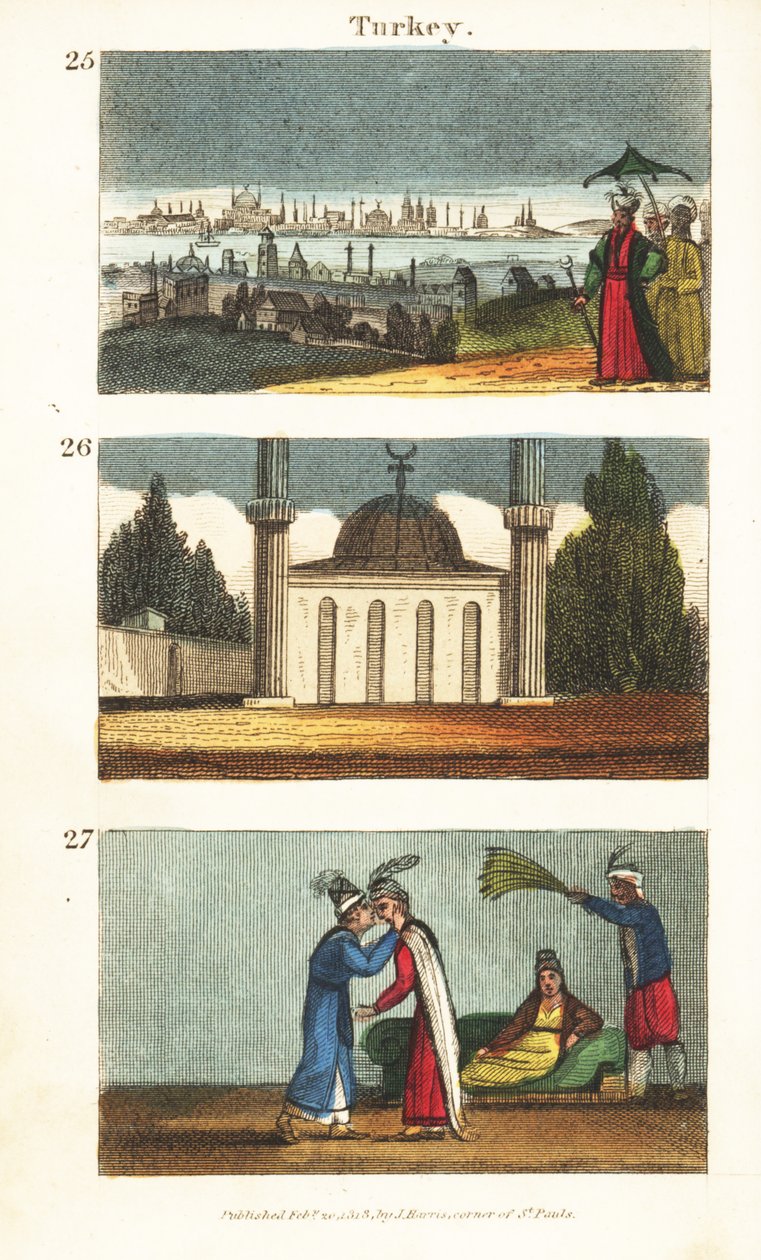 Vue de Constantinople (Istanbul) au début du 19ème siècle, mosquée musulmane avec dôme et minarets, et jeunes femmes grecques s