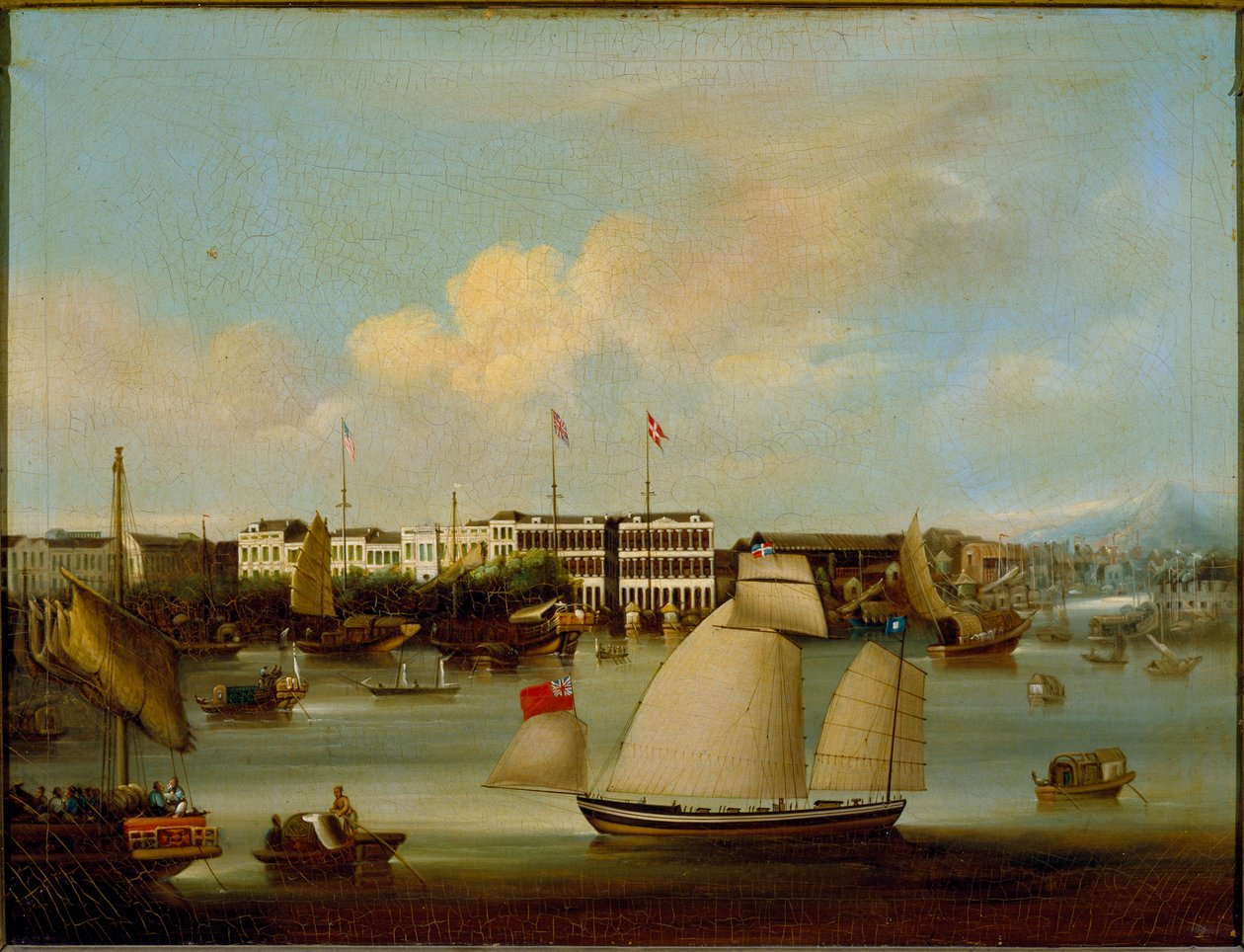 Vue des usines étrangères, Canton, avant 1850 (huile sur toile) - English School
