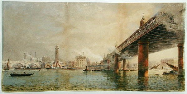 Vue de la rive sud de la Tamise entre les ponts de Waterloo et Hungerford, vers 1870 - English School