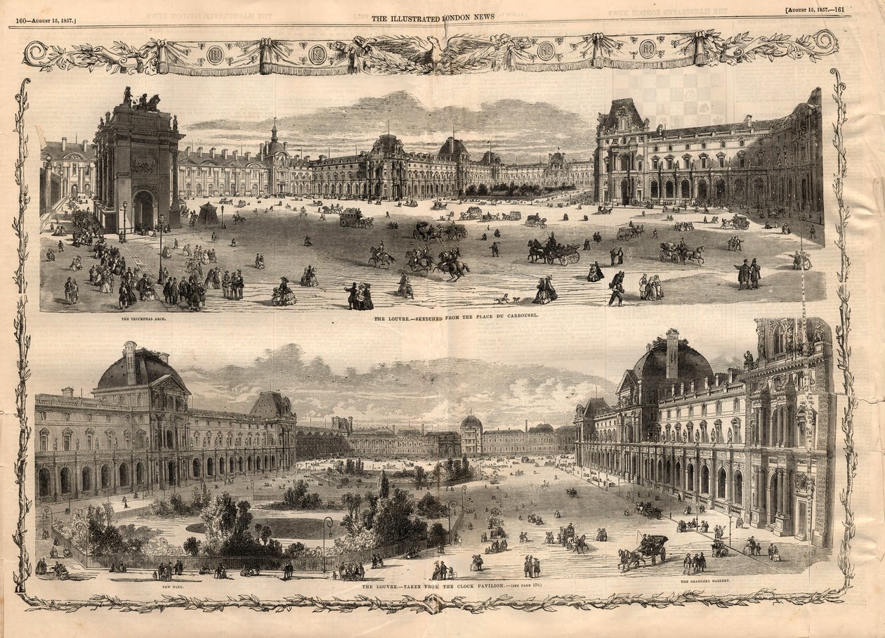 Vues de la Cour Carrée du Louvre à Paris. Gravure dans "The Illustrated London News" du 15 août 1857. - English School