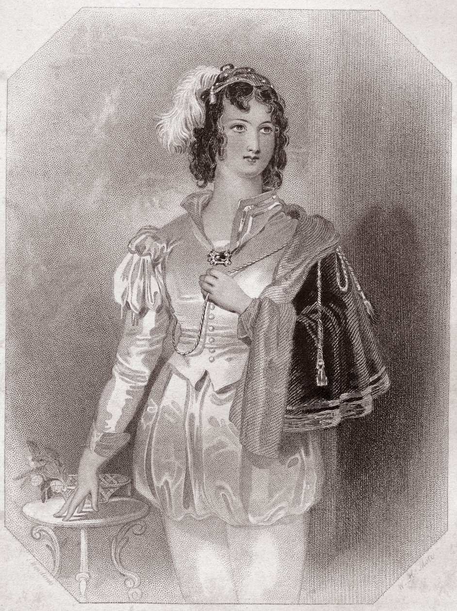 Viola (La Nuit des rois) dans - « Galerie des femmes de Shakespeare, collection de quarante-cinq portraits sérieux par les premiers artistes de Londres, enrichie de notices critiques et littéraires » vers 1838 - de « Galerie des femmes de Shakespeare » - English School