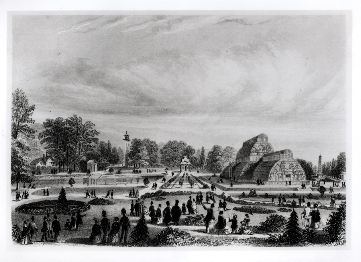 Visiteurs regardant la Palm House au Palais de Kew, vers 1860 - English School