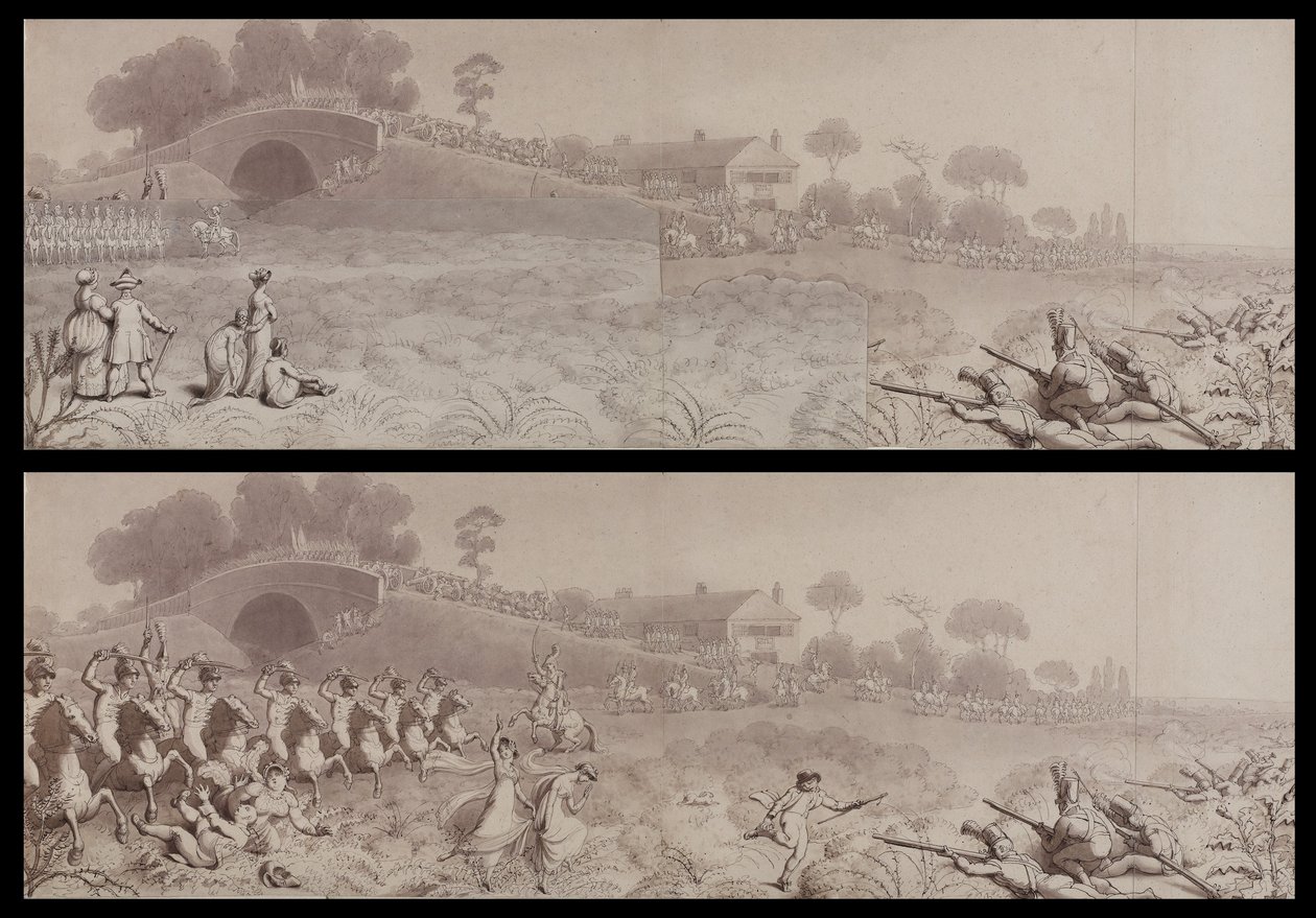 Revue des volontaires à Wormwood Scrubs montrant la taverne Mitre et le pont Mitre, Hammersmith, c.1800 (lavis sur papier) - English School