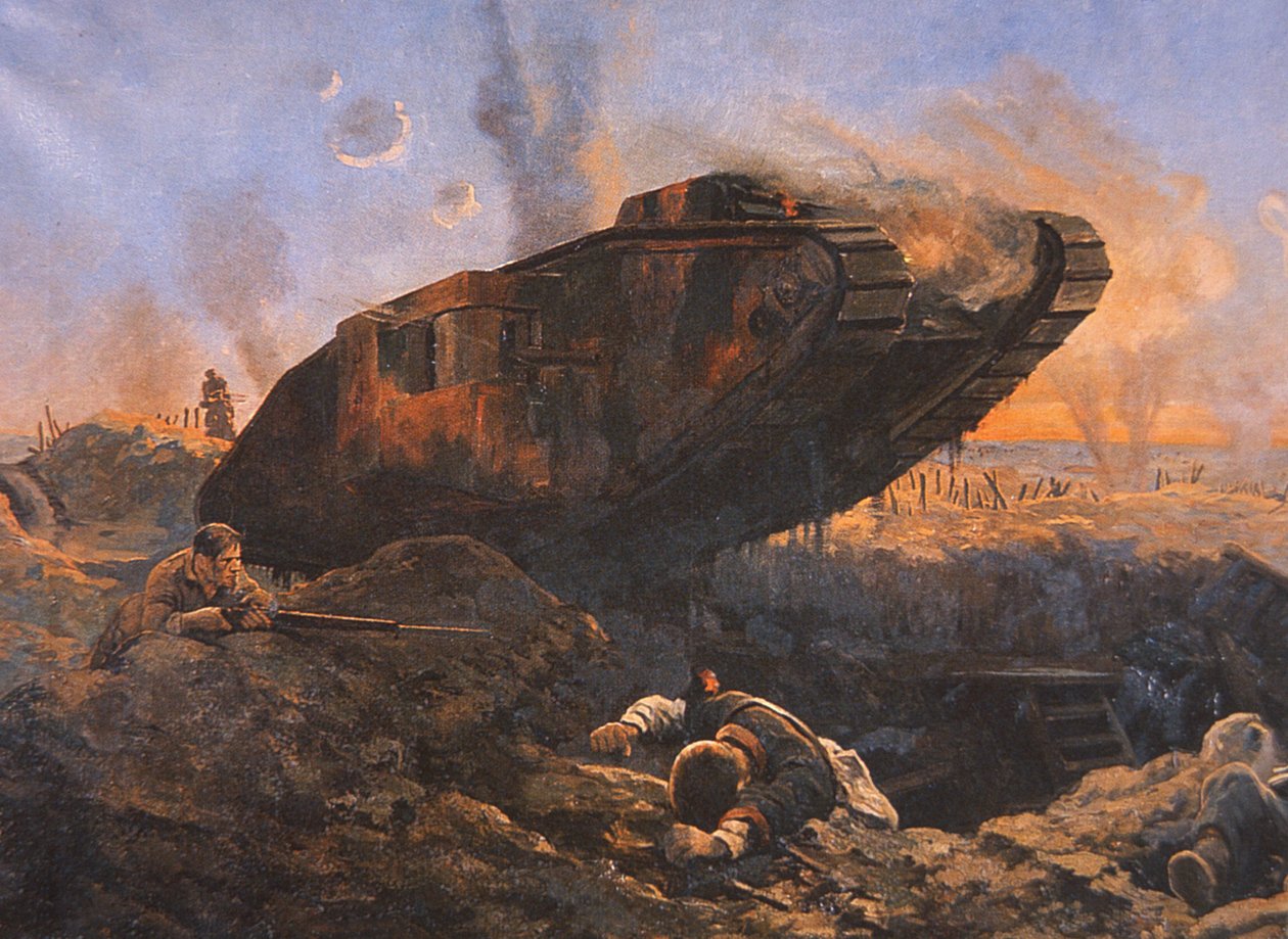 Char britannique en action sur le front occidental pendant la Première Guerre mondiale - English School