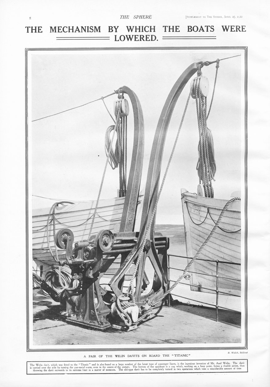 Davit Welin, le mécanisme par lequel les bateaux ont été descendus, de The Sphere, 27 avril 1912 - English School