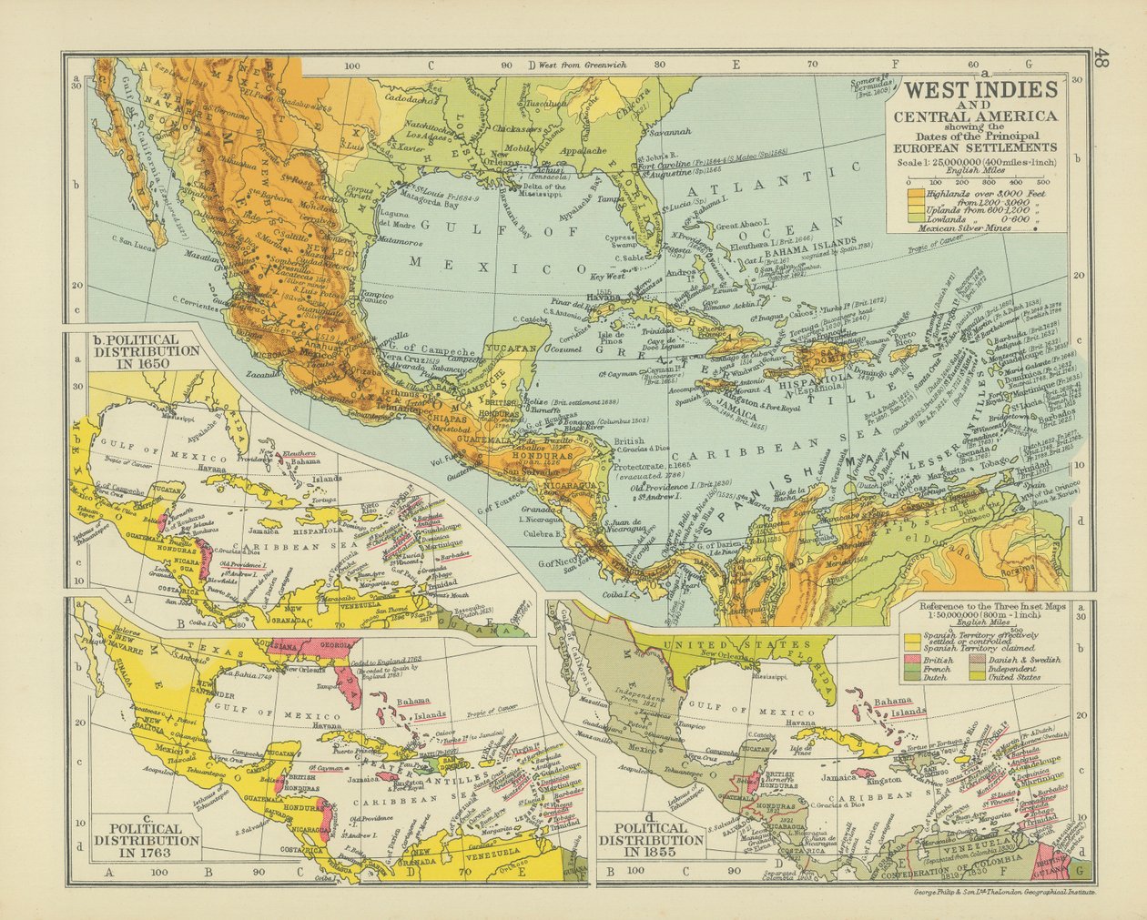 Indes occidentales et Amérique centrale avec indication des dates des principaux établissements européens (lithographie couleur) - English School