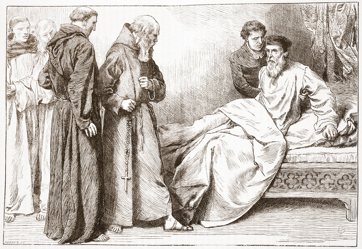 Wicliffe et les moines : scène dans la chambre à coucher, illustration de L