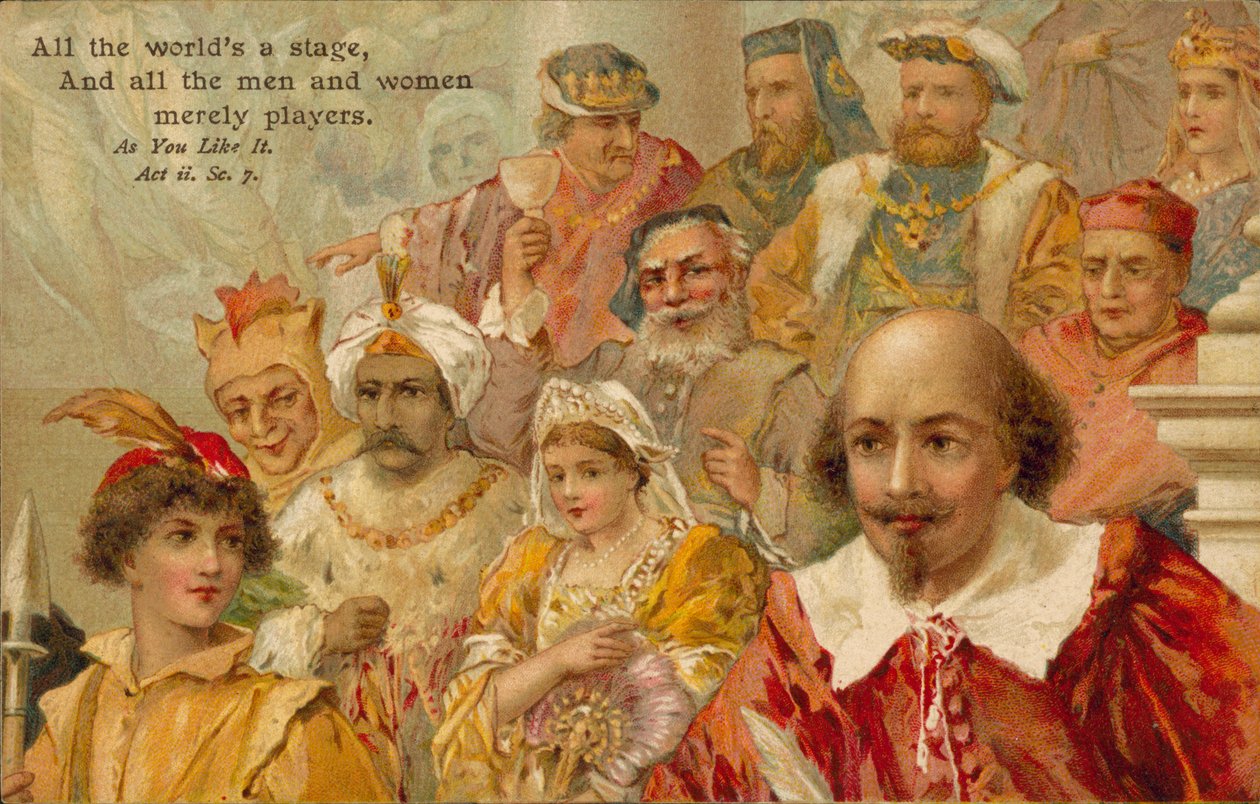 William Shakespeare avec certains de ses personnages (lithographie couleur) - English School