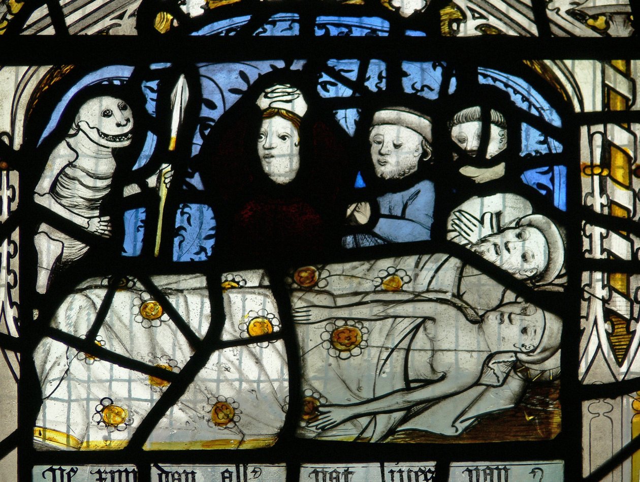 Fenêtre N3 représentant les Quinze Derniers Jours du Monde (la fenêtre du Pryke de Conscience) : La mort visite tout le monde - English School
