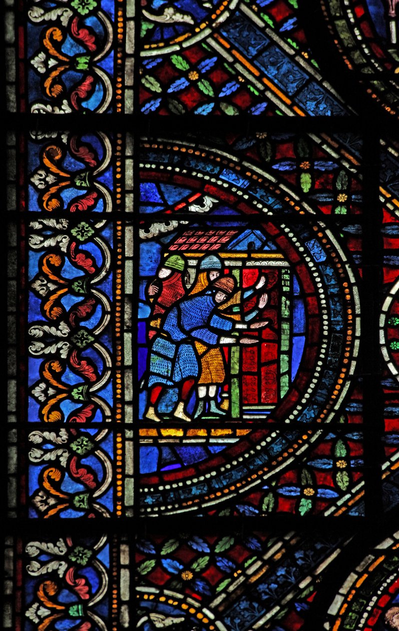 Fenêtre n7 représentant une scène de la vie de Saint Thomas Becket : les chevaliers à la porte de Canterbury - English School