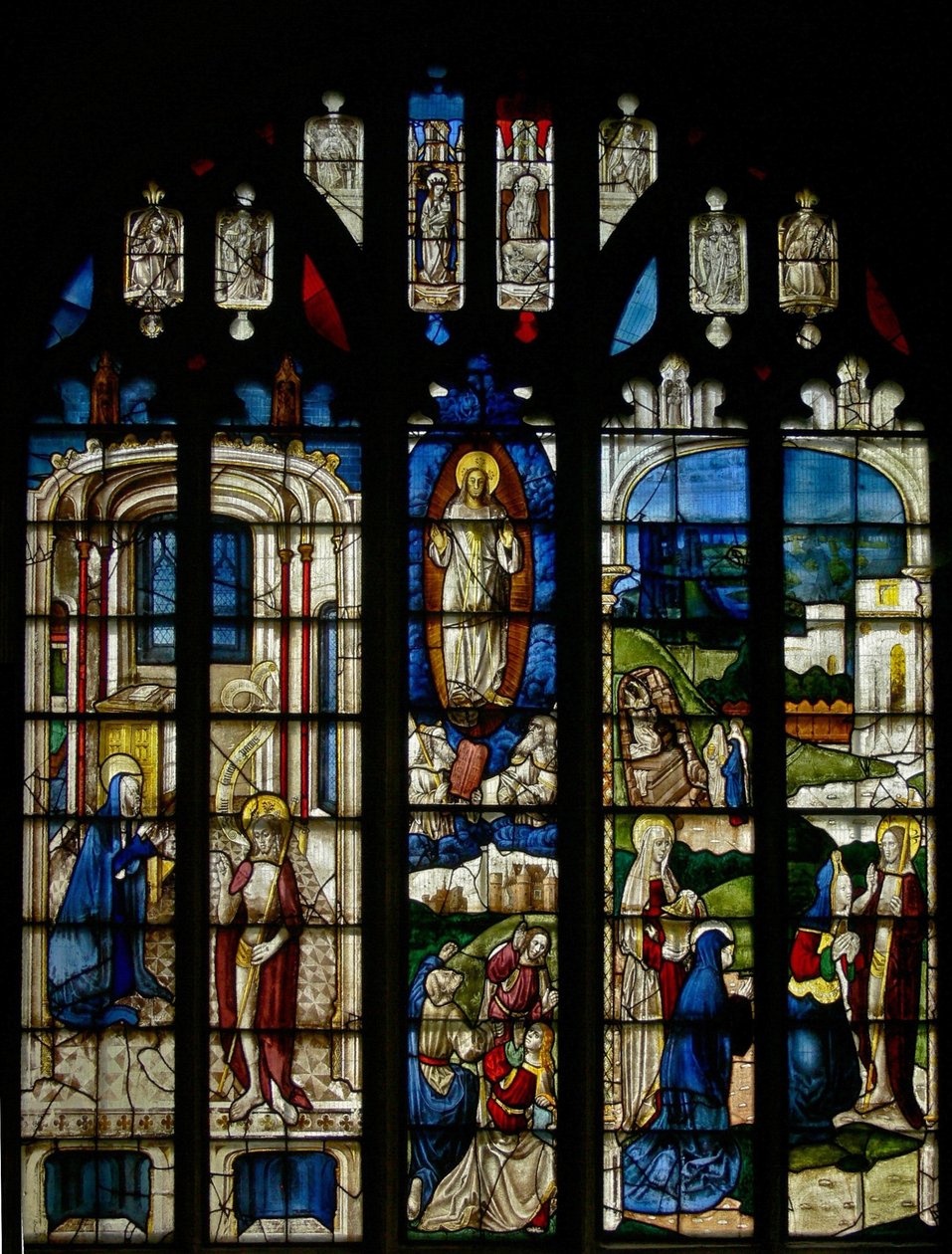 Fenêtre s3 représentant la Transfiguration et les scènes de la Résurrection - English School