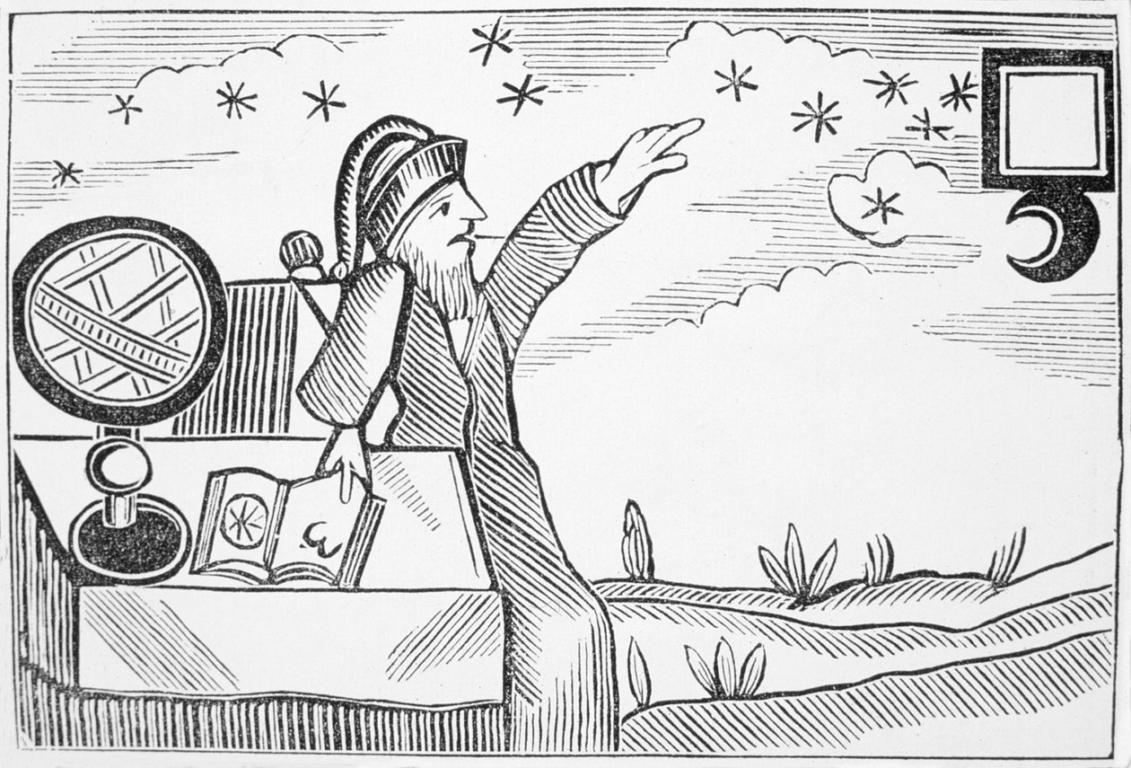 Sorcier consultant la lune et les étoiles, illustration d