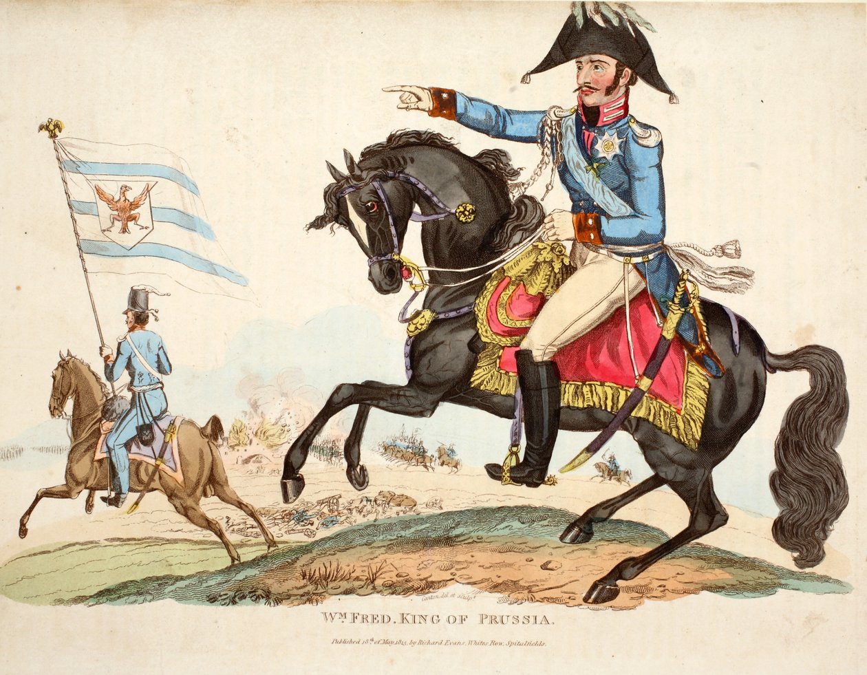 Wm Fred. Roi de Prusse, publié par Richard Evans, gravé par Romney, illustration de An Historical Account of the Battle of Waterloo par William Mudford, 1816 - English School