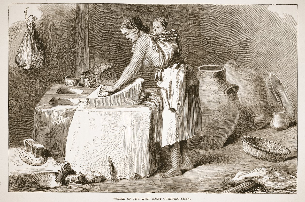 Femme de la côte ouest moulant du maïs, illustration de l