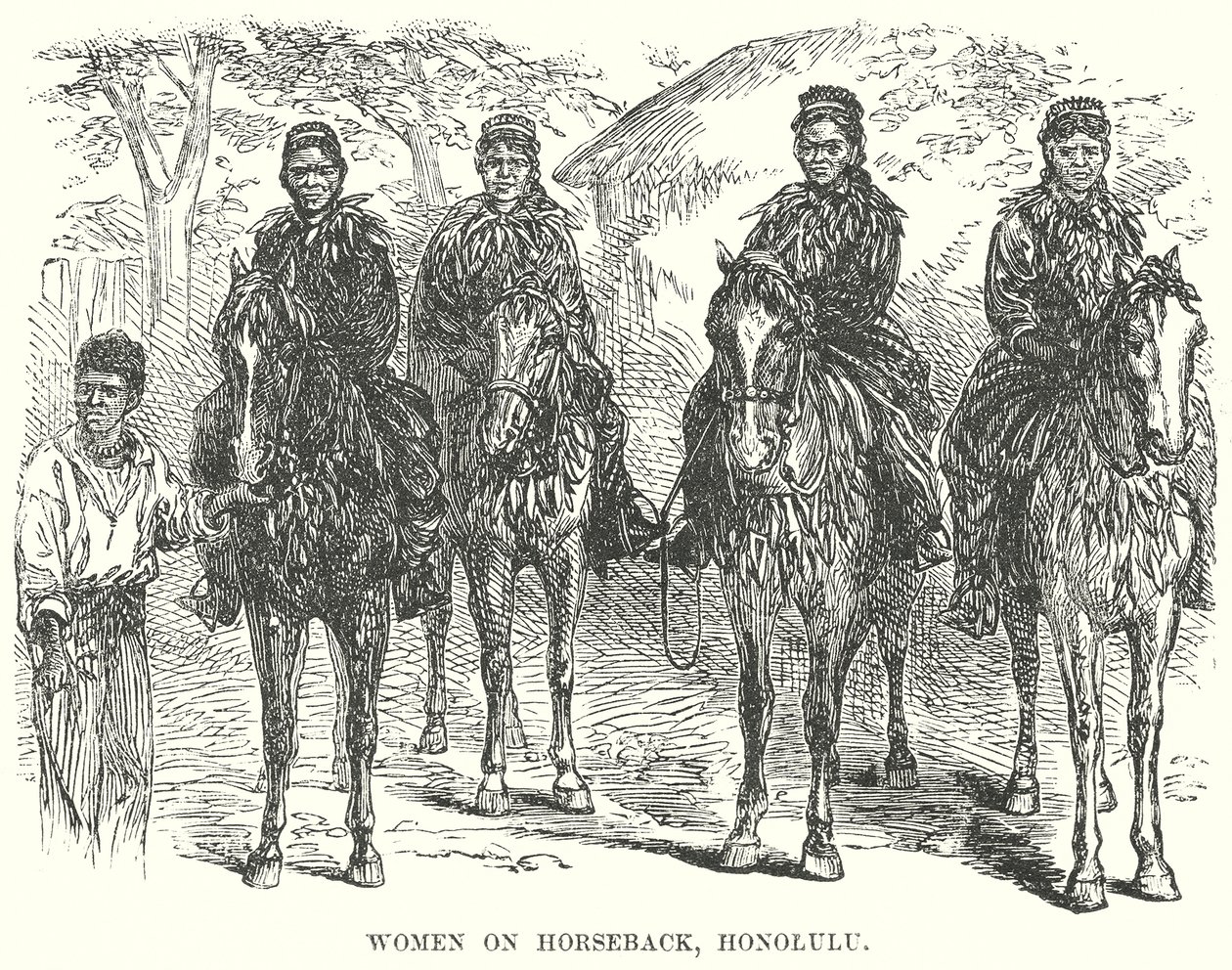 Femme à cheval, Honolulu (gravure) - English School